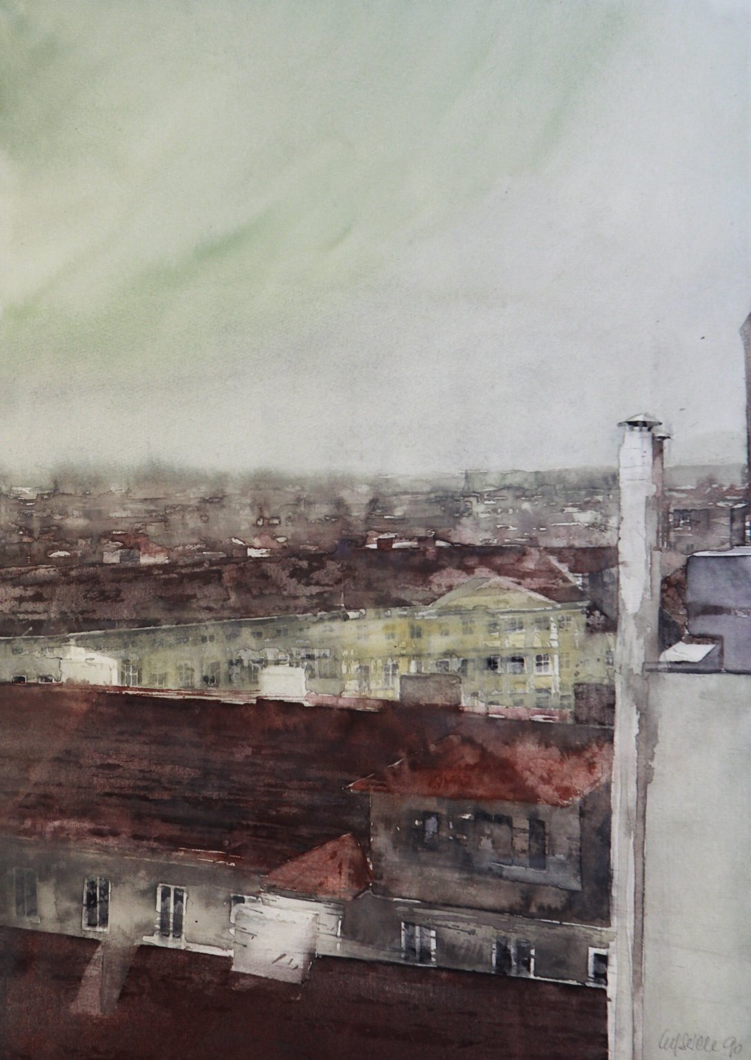1990 Aquarell Blick von meinem Atelier 27,4 × 38,4 cm