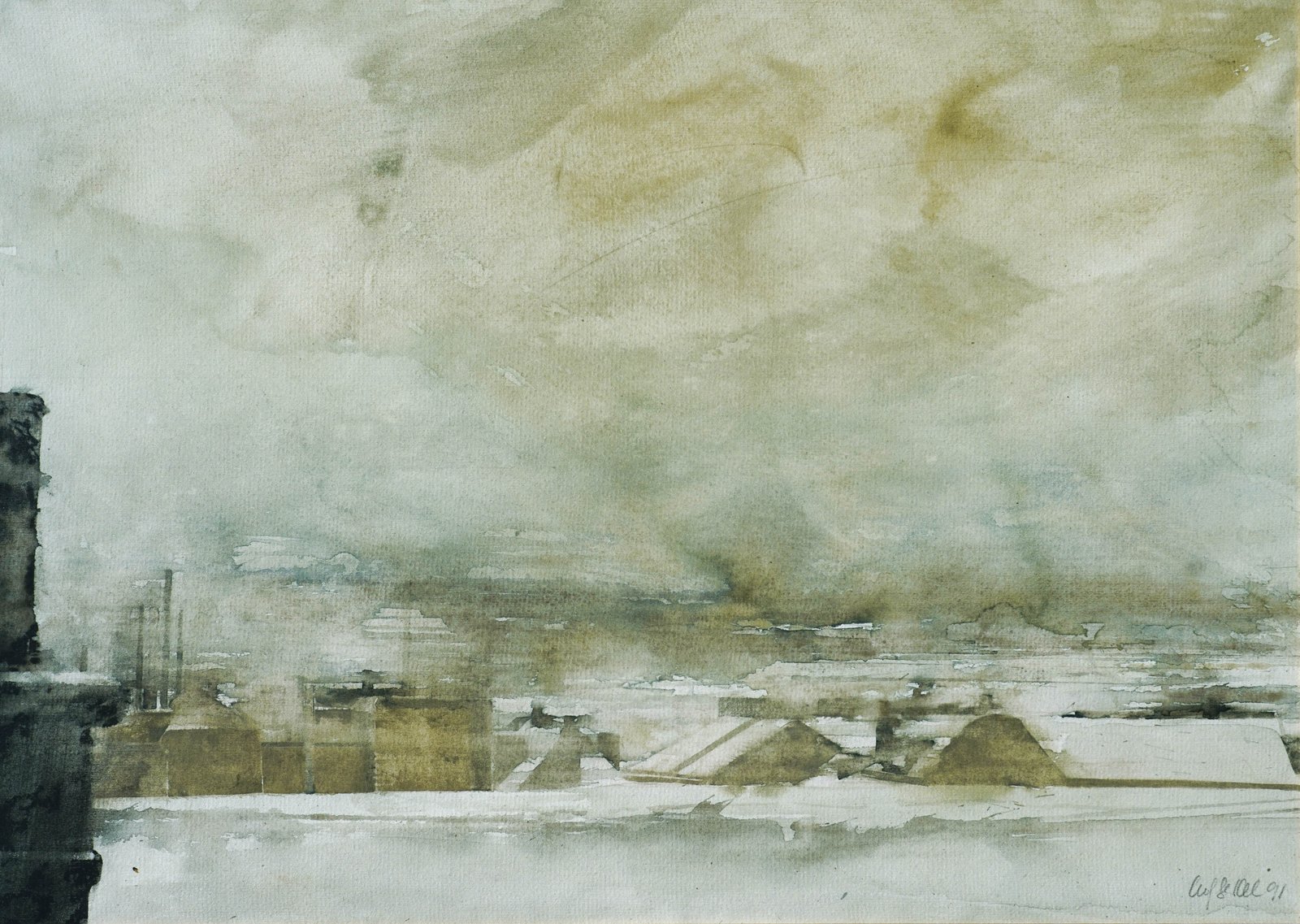 1991 Aquarell Über den verschneiten Dächern Wiens 39 × 27,6 cm